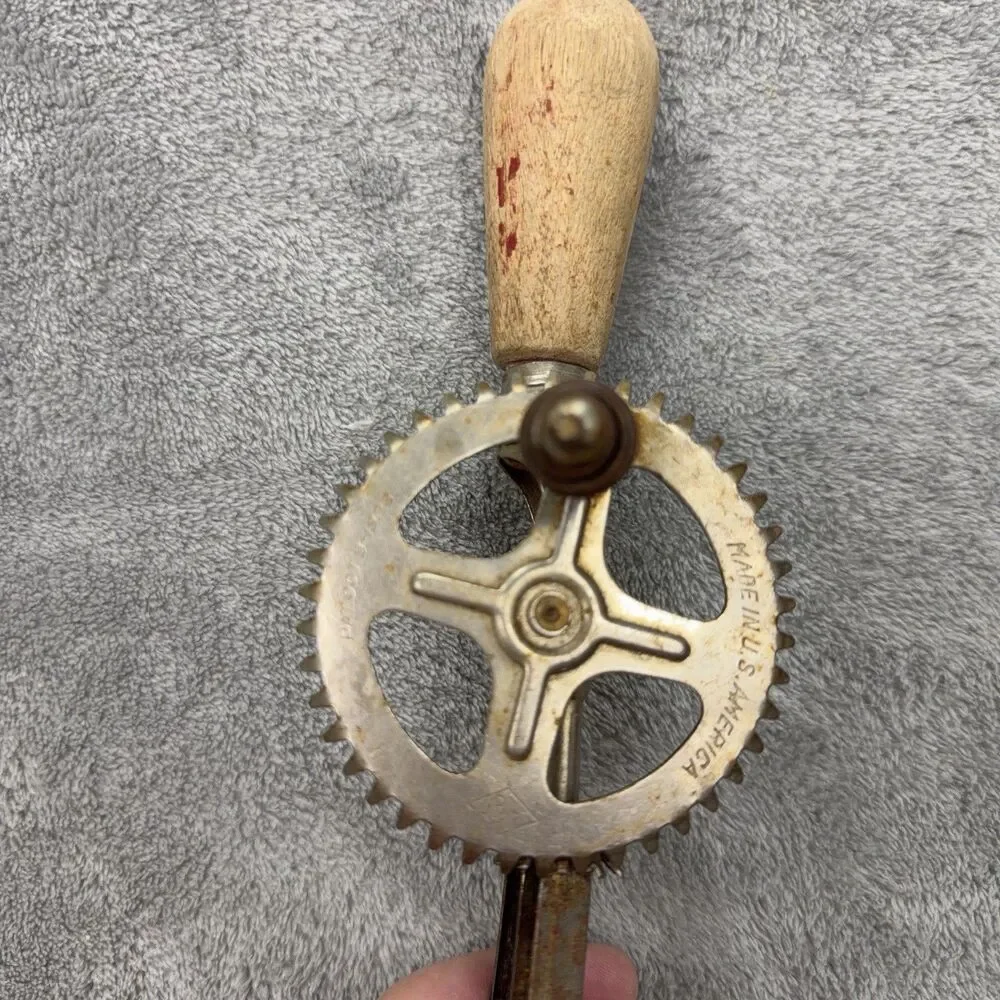 Vintage A & J Red Handle Egg Beater Hand Mixer Made in America Steel Works 1923